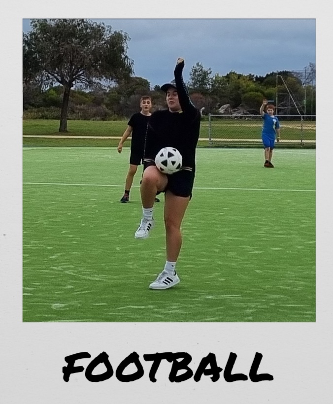 Polaroid image of a girl playing with a ball, titled “Football”