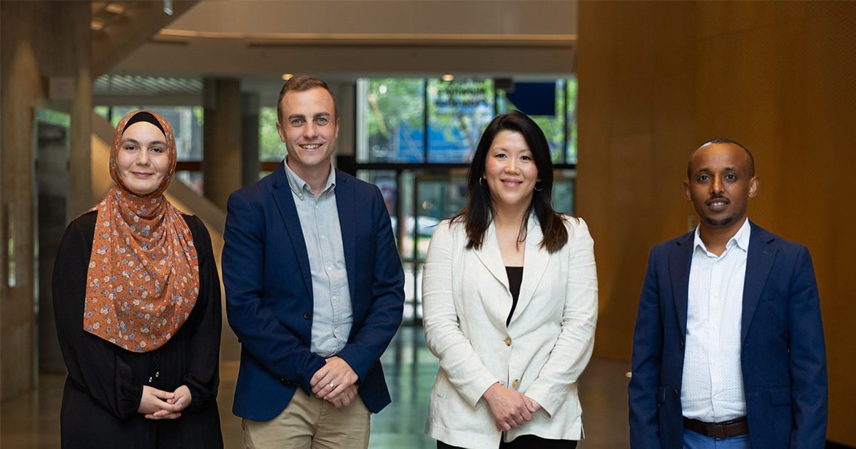 AAMRI Rising Star finalists for 2024 (L-R): Dr Tuba Nur Gide, Dr Matthew Hare, A/Prof Amanda Gwee, Dr Kefyalew Alene (photo courtesy of Association of Australian Medical Research Institutes)