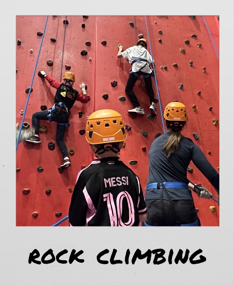 Polaroid image of kids near a climbing wall, titled “Rock climbing”