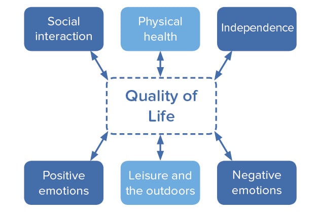 Quality of Life domains:, Physical Health, Positive Emotions, Negative Emotions, Social Interactions, Leisure and the Outdoors, and Independence. 